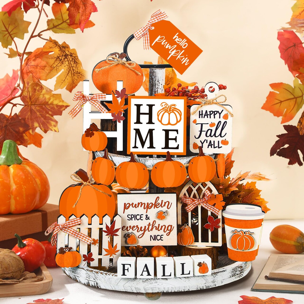15 Pieces Fall Tiered Tray Decor Pumpkins Farmhouse Decor Autumn Maple Leaf Table Centerpieces Thanksgiving Harvest Wood Blocks Signs for Home Decor(Cute Style)
